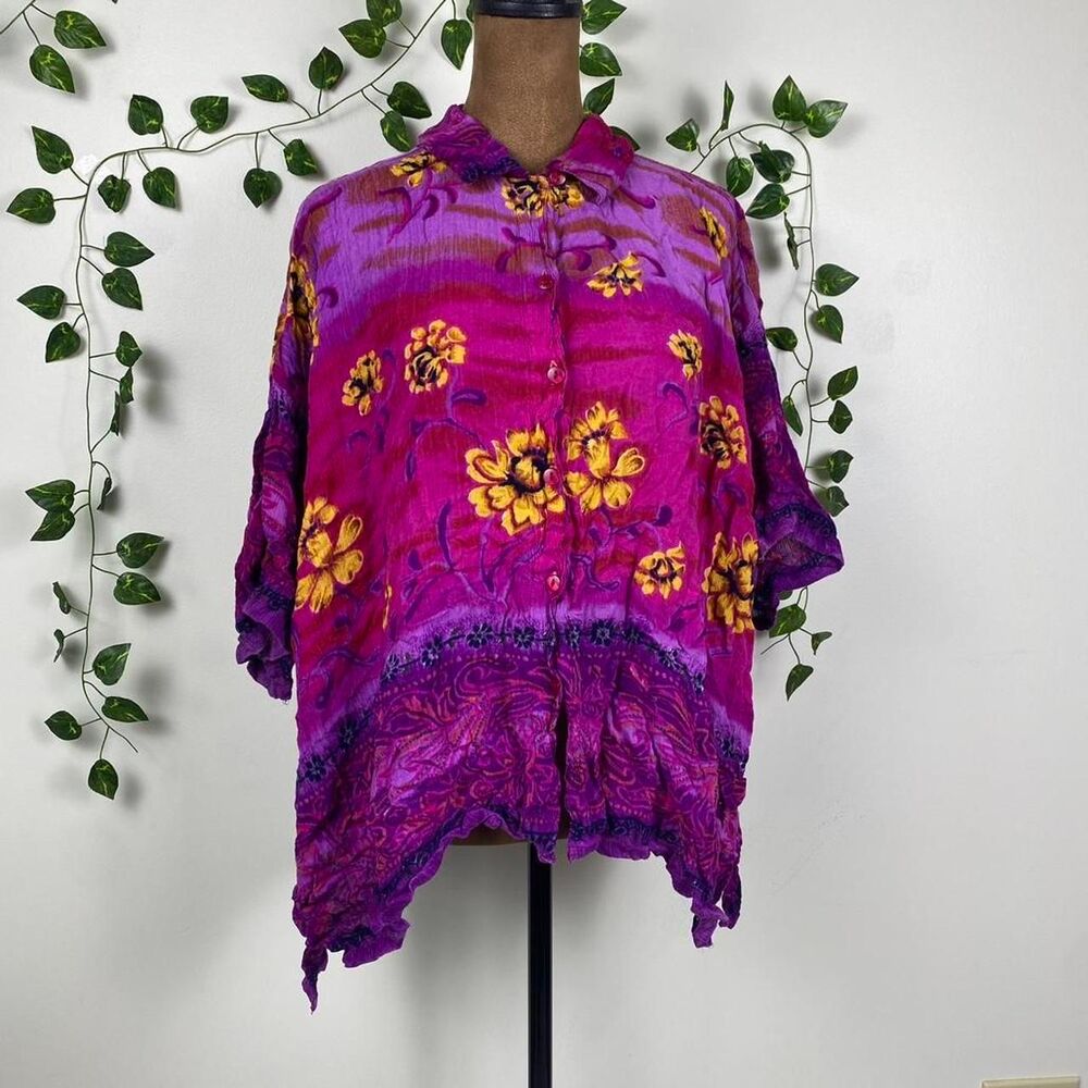 Hippie fairy multicolor floral button up bright Purple multi oversized whimsical
